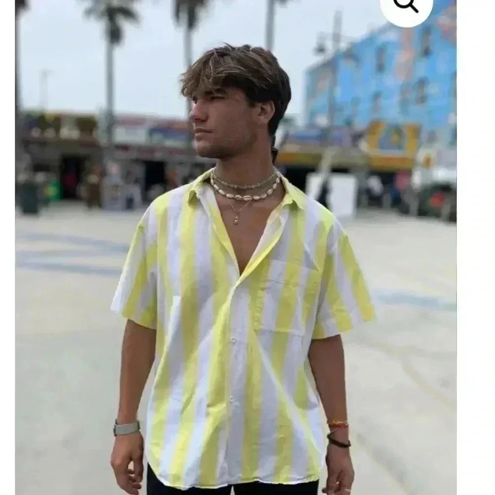 RARE 1980S OCEAN PACIFIC SHORT SLEEVE BUTTON DOWN  STRIPED SURF SHIRT MENS S